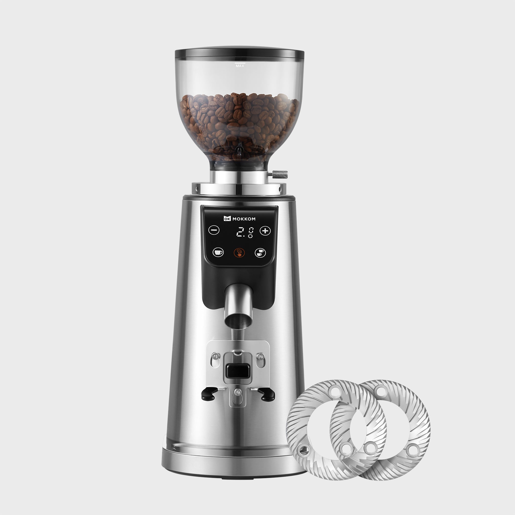 64mm Flat Burr Coffee Grinder – Stainless Steel – Mokkom coffee