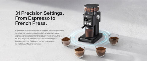 31 Precision Settings. From Espresso to French Press.
Experience true versatility with 31 stepped micro-adjustments. Whether you need an exceptionally fine grind for intense espresso or a coarse grind for a robust French press, the MOKKOM grinder seamlessly covers a vast range of brewing methods. Dial in your perfect coarseness, no matter your flavor preference.


