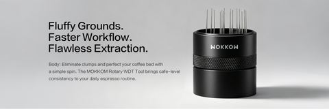 Fluffy Grounds. 
Faster Workflow. 
Flawless Extraction.
Body: Eliminate clumps and perfect your coffee bed with a simple spin. The MOKKOM Rotary WDT Tool brings cafe-level consistency to your daily espresso routine.
