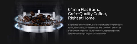 64mm Flat Burrs. Cafe-Quality Coffee, Right at Home

Engineered for coffee enthusiasts who refuse to compromise on flavor, consistency, and aesthetics. The MOKKOM 64mm Flat Burr Grinder empowers you to effortlessly replicate specialty cafe standards right on your kitchen counter.

