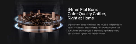 64mm Flat Burrs. Cafe-Quality Coffee, Right at Home

Engineered for coffee enthusiasts who refuse to compromise on flavor, consistency, and aesthetics. The MOKKOM 64mm Flat Burr Grinder empowers you to effortlessly replicate specialty cafe standards right on your kitchen counter.
