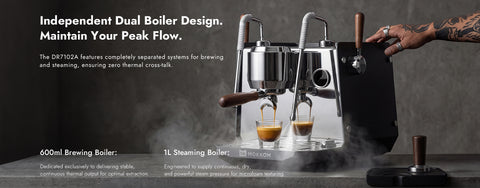 Independent Dual Boiler Design.
Maintain Your Peak Flow.
The DR7102A features completely separated systems for brewing
and steaming, ensuring zero thermal cross-talk.
600ml Brewing Boiler:
Dedicated exclusively to delivering stablecontinuous thermal output for optimal extraction
1L Steaming Boiler:
Engineered to supply continuous, dry,
and powerful steam pressure for microfoam texturing