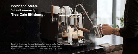 Brew and SteamSimultaneously.True Cafe Efficiency.
Ready in 6 minutes, the dual boilers allow you to pull a flawlessshot of espresso while steaming microfoam at the same timeExperience seamless workflow and zero-delay cup preparation.